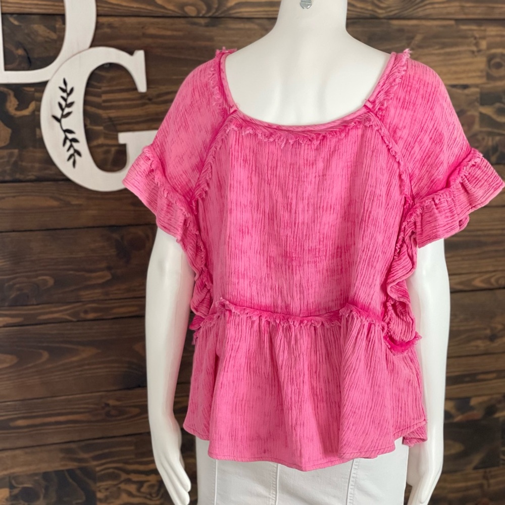 Bibi | Mineral Wash Gauze Ruffle Blouse Deep Square Neck Hot Pink Raw Frayed - Picture 7 of 14